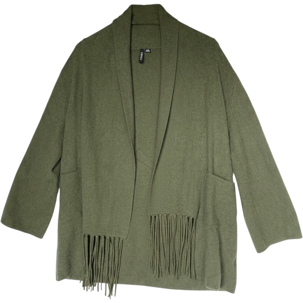 Ethyl Fringe Shawl Scarf Cardigan Olive Open Front Oversize Sweater Women L $105
